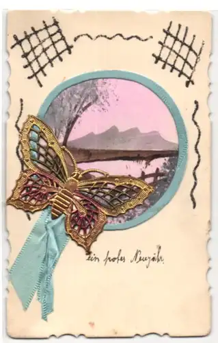 Oblaten-AK Schmetterling mit blauer Schleife vor Landschaftsmotiv