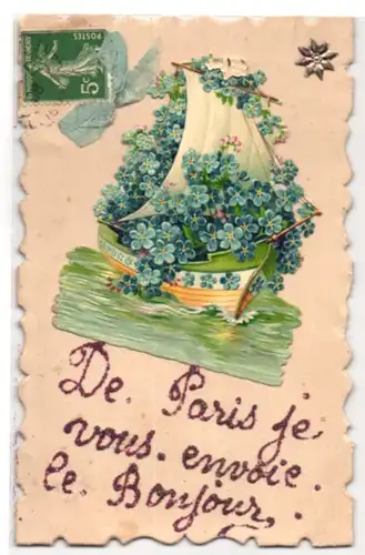 Oblaten-AK Segelboot voller Vergissmeinnicht