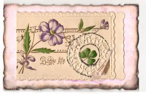 Oblaten-AK Bonne fete, violette Blumen und Glücksklee