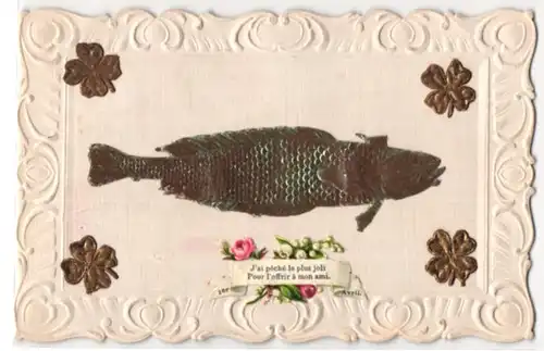 Oblaten-AK Goldener Fisch und Glücksklee
