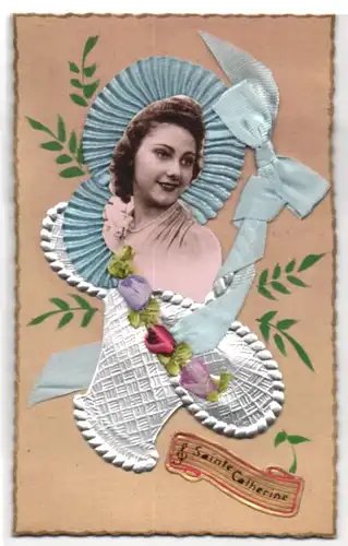 Oblaten-AK Sainte Catherine, Korb mit Frauenportrait und blauer Schleife