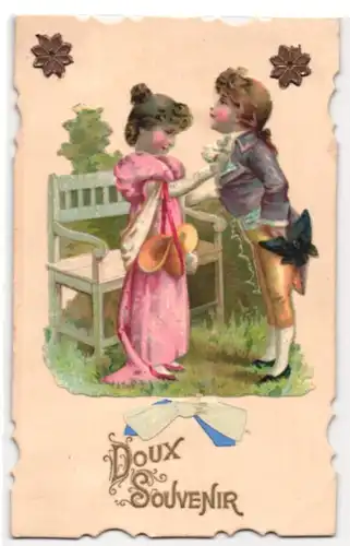 Oblaten-AK Doux Souvenir, Mädchen bindet seinem Kavalier die Krawatte