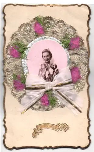 Oblaten-AK St. Nicolas, Frauenportrait mit rosa Schleife