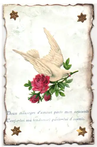 Oblaten-AK Weisse Taube mit roter Rose im Schnabel