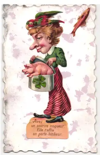 Oblaten-AK Frau mit Papagei auf dem Kopf und Schweinchen in einer Hutschachtel