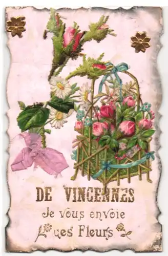 Oblaten-AK Vincennes, Je vous envoie des Fleurs, Blumengruss aus dem Ort