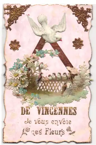 Oblaten-AK Vincennes, Je vous envoie des Fleurs, Weisse Taube und Spatzen