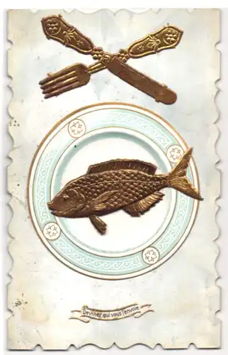 Oblaten-AK Fisch auf dem Teller mit Besteck