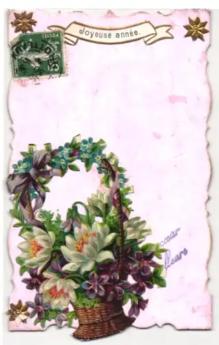 Oblaten-AK Joyeuse année, Bunter Blumenkorb