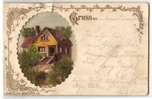 Trockenblumen-AK Haus mit Garten, getrocknetes Moos