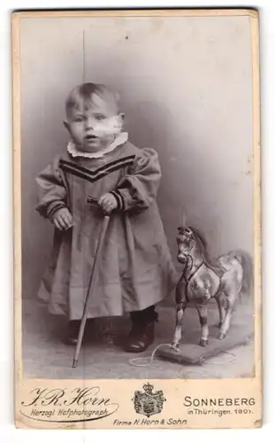Fotografie J. R. Horn, Sonneberg, kleines Kind im Kleidchen mit Spielzeug Pferd und Krückstock