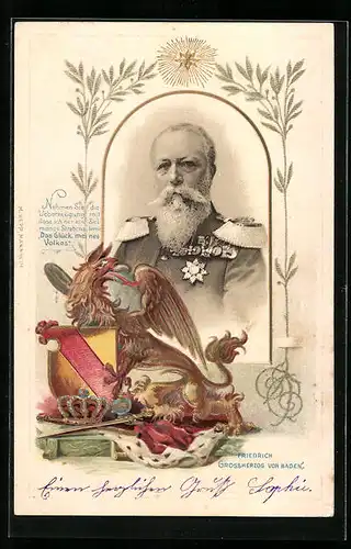 Passepartout-Lithographie Grossherzog Friedrich von Baden, geprägtes Wappen mit Krone und Adler