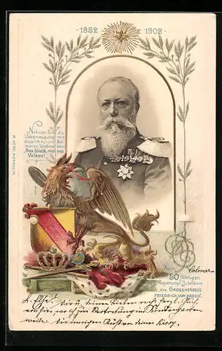 Passepartout-Lithographie Friedrich von Baden, 50jähriges Regierungs-Jubiläum 1902, Portrait und Wappen
