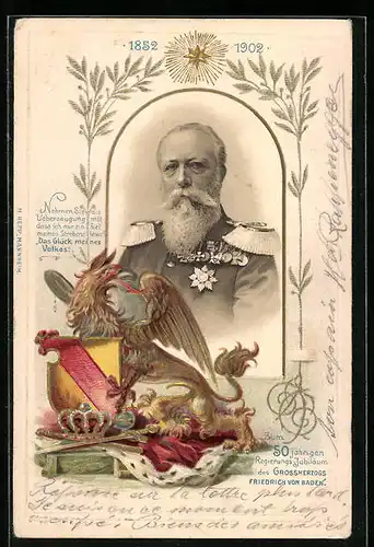 Passepartout-Lithographie Friedrich von Baden, 50jähriges Regierungs-Jubiläum 1902, Portrait mit Wappen