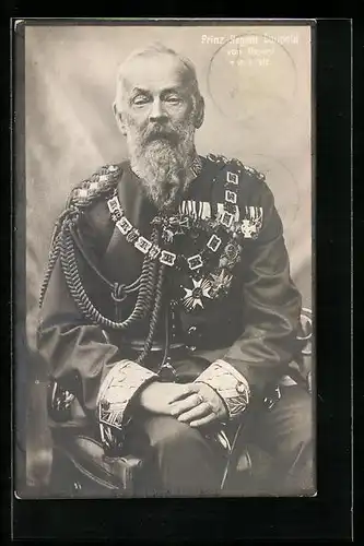AK Prinzregent Luitpold in Uniform mit Orden, Trauerkarte 1912