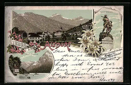 Lithographie Altdorf, Tells-Kapelle, Tells-Denkmal