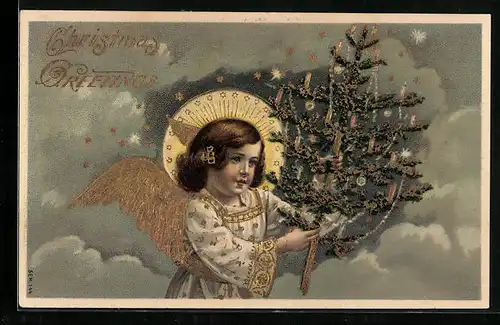AK Weihnachtsengel mit Nimbus und Tannenbaum
