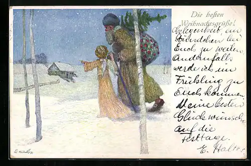 AK Weihnachtsmann mit Engelchen im Schnee