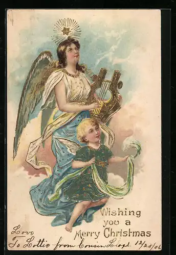 AK Weihnachtsengel mit Harfe und Engelchen