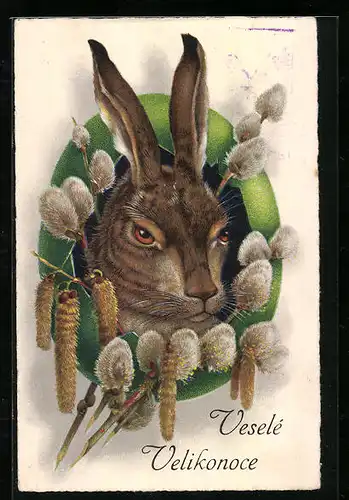 AK Osterhase mit Pamkätzchenzweigen