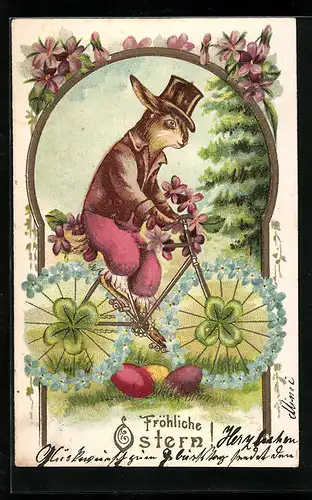 AK Osterhase auf blumengeschmücktem Fahrrad