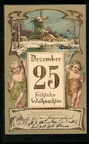 AK Weihnachtsengel, Verschneite Dorfpartie, Kalenderblatt 25., Fröhliche Weihnachten