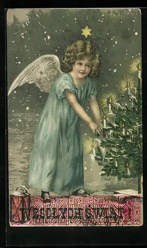 AK Weihnachtsengel schmückt den Weihnachtsbaum