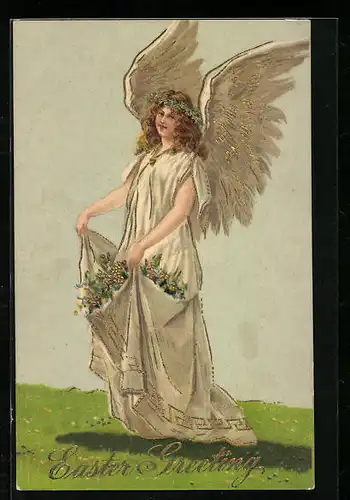 AK Osterengel mit Blüten, Easter Greeting