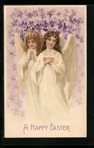 AK Zwei Osterengel vor lila Blumen, Grusskarte
