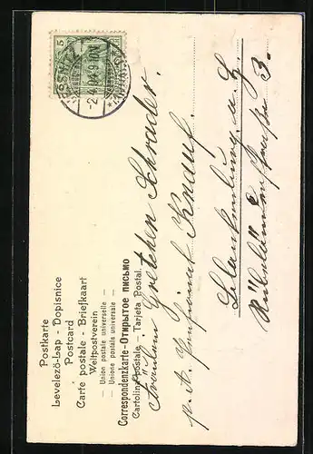 AK Vermenschlichte Osterhasen in Tracht begrüssen sich auf der Strasse