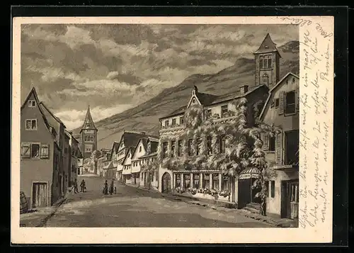 Künstler-AK Bacharach /Rh., Hotel Gelber Hof, Strassenpartie mit Kirche