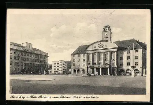 AK Sonneberg /Th., Ortspartie mit Rathaus, neuer Post und Ortskrankenkasse