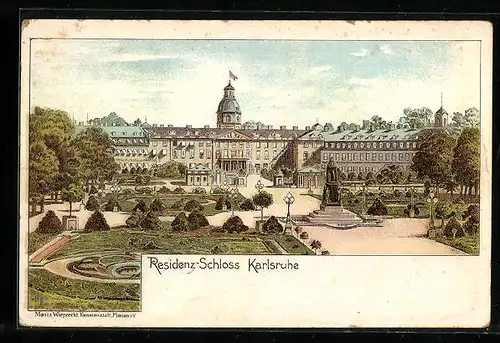 Lithographie Karlsruhe, Residenzschloss mit Anlagen