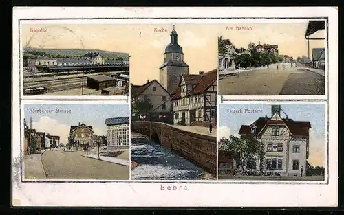 AK Bebra, Bahnhof, Nürnberger Strasse, Strassenpartie mit Kirche