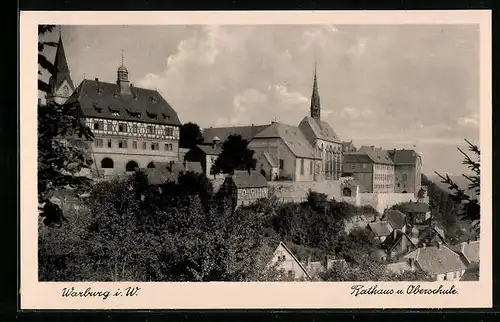 AK Warburg i. W., Teilansicht mit Rathaus und Oberschule