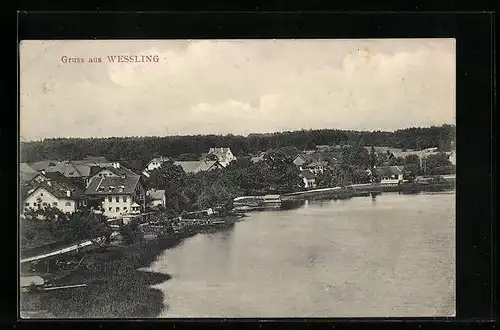 AK Wessling, Ortsansicht mit Gewässer aus der Vogelschau