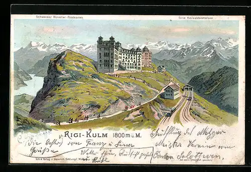 Künstler-AK C. Steinmann Nr.: 2070, Rigi-Kulm, Hotel mit Alpen und Vierwaldstättersee