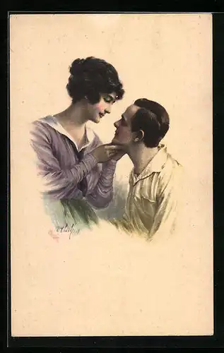 AK Paar schaut sich liebevoll in die Augen, Art Deco