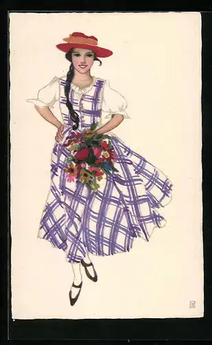 Künstler-AK Hübsche Frau in kariertem Kleid mit Zopf, Art Deco