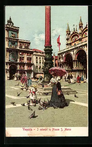 Lithographie Venezia, I colombi in Piazza S. Marco, Taubenfüttern