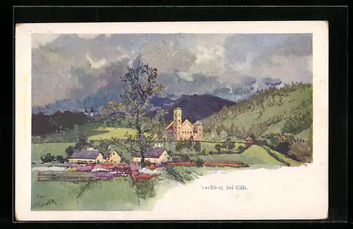 Künstler-AK Cilli, Josefiberg bei Cilli, Ortsansicht