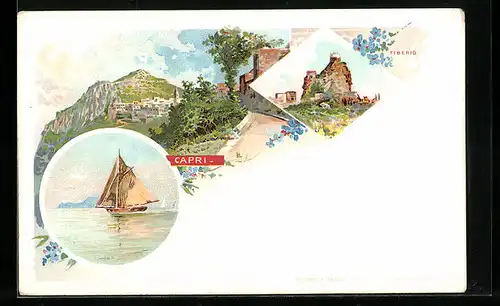 Lithographie Capri, Teilansicht, Tiberio, Segelboot