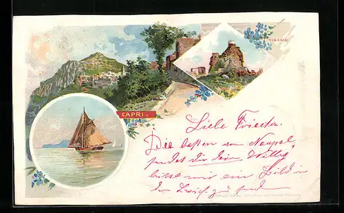 Lithographie Capri, Segelpartie, Teilansicht, Tiberio