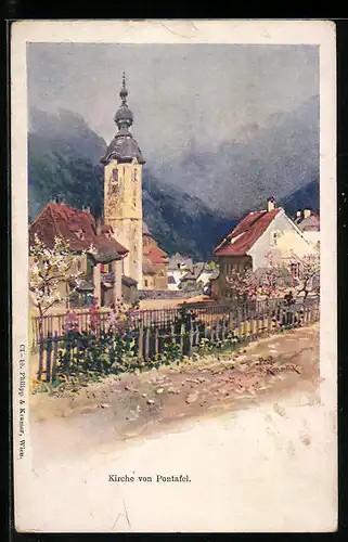 Künstler-AK Pontafel, Blick zur Kirche