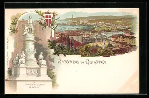 Lithographie Genova, Panorama, Cristoforo Colombo La Patria