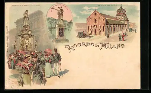 Lithographie Milano, Chiesa delle Grazie, Au Caduti di Mentana, Monumento a Leonardo da Vinei