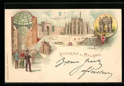 Lithographie Milano, Piazza del Duomo, Galleria Vittorio Emanuele, Arco del Sempione o della Pace