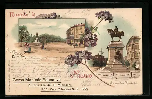 Lithographie Milano, Piazza Cavour, Monumento a Garibaldi