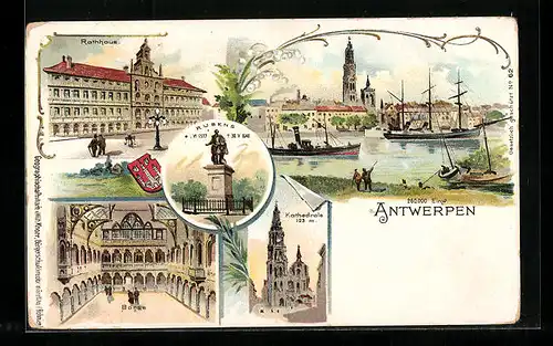 Lithographie Antwerpen, Rathaus, Inneres Börse, Kathedrale