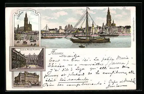 Lithographie Anvers, La Cathédrale, Cour du Musée Plantin, Le Musée